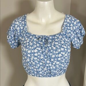 Reformation Azzuro Floral Peasant Crop Top Blue White Crop Scoop Neck Shirt Sz 6
